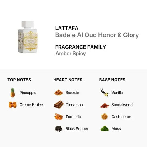 Bade'e Al Oud Honor & Glory de Lattafa, eau de parfum unisexe, vaporisateur 100 ml
